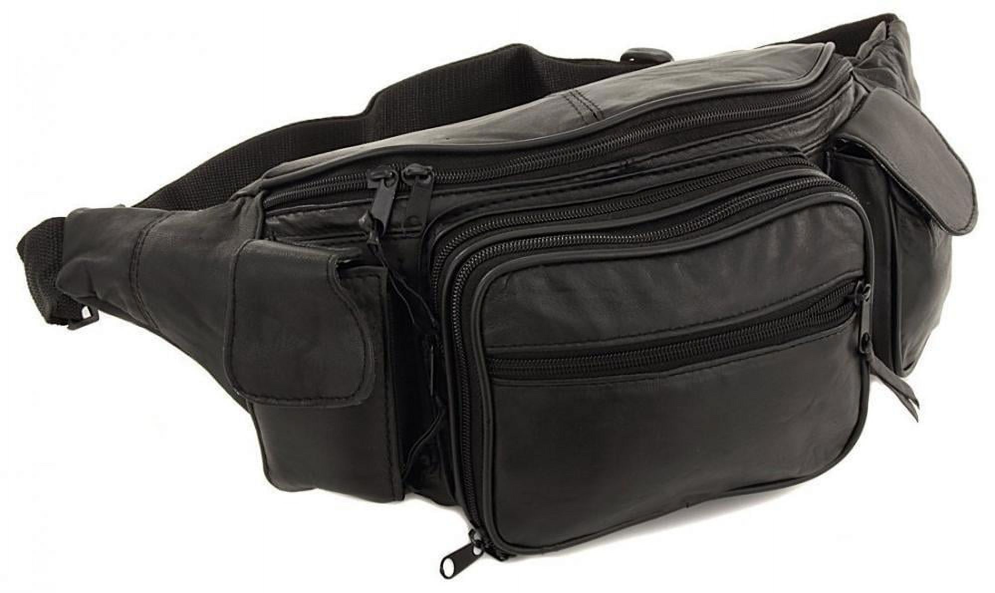New Large 8 Pocket Genuine Leather Waist Hip Lumbar Fanny Fannie Pack Bag Black with Dual Cell Phone Pockets and Dual Organizer