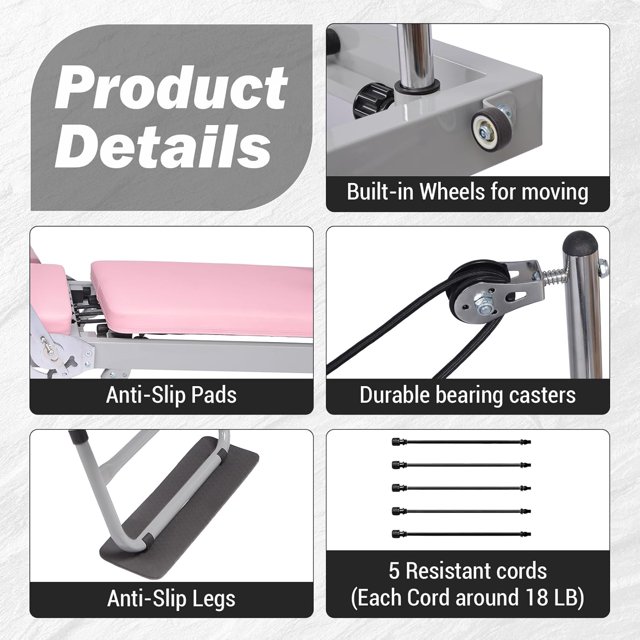 Ourlova Pink Foldable Pilates Reformer Machine - Advanced and Beginner Workout Equipment with Resistance Ropes
