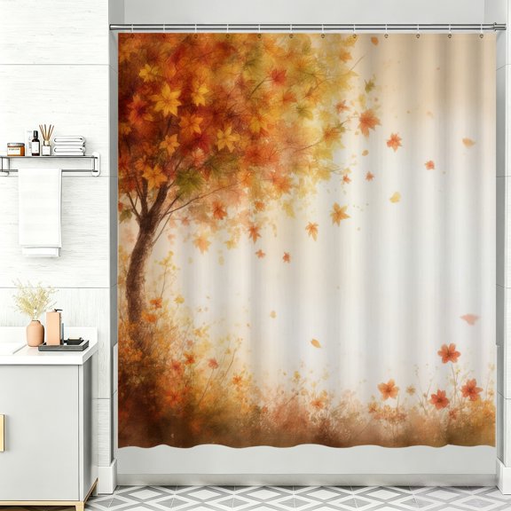 Fall Themed Shower Curtain A picture of a tree with leaves falling from it 72 By 72 Inch Shower Curtain Mildew Resistant