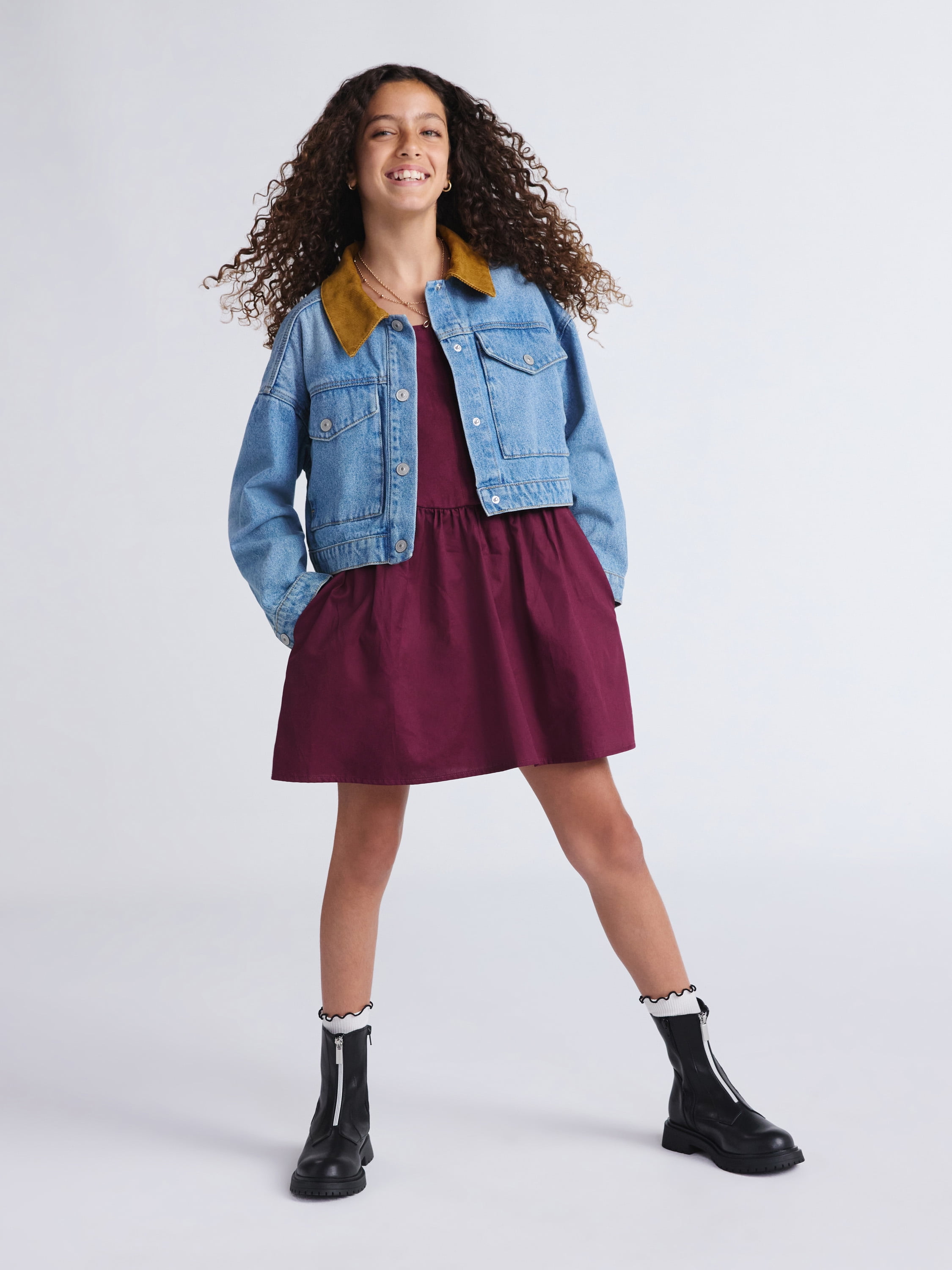 Weekend Academy Girls Denim Workwear Jacket with Corduroy Collar, Sizes 4-18