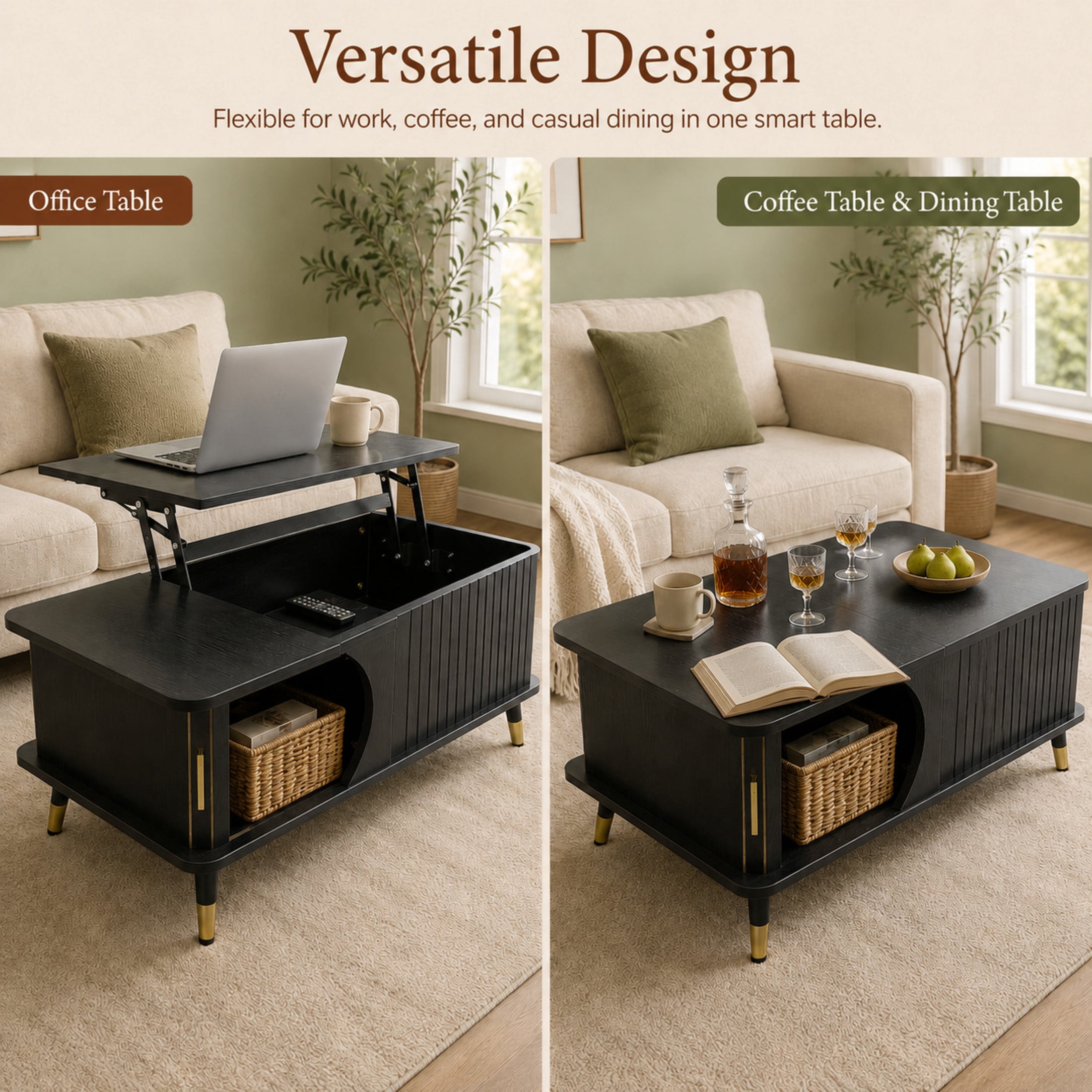 GDF Studio Lift-Top Coffee Table with Hidden Compartment & Side Storage Shelves, Center Table for Home Living, Black