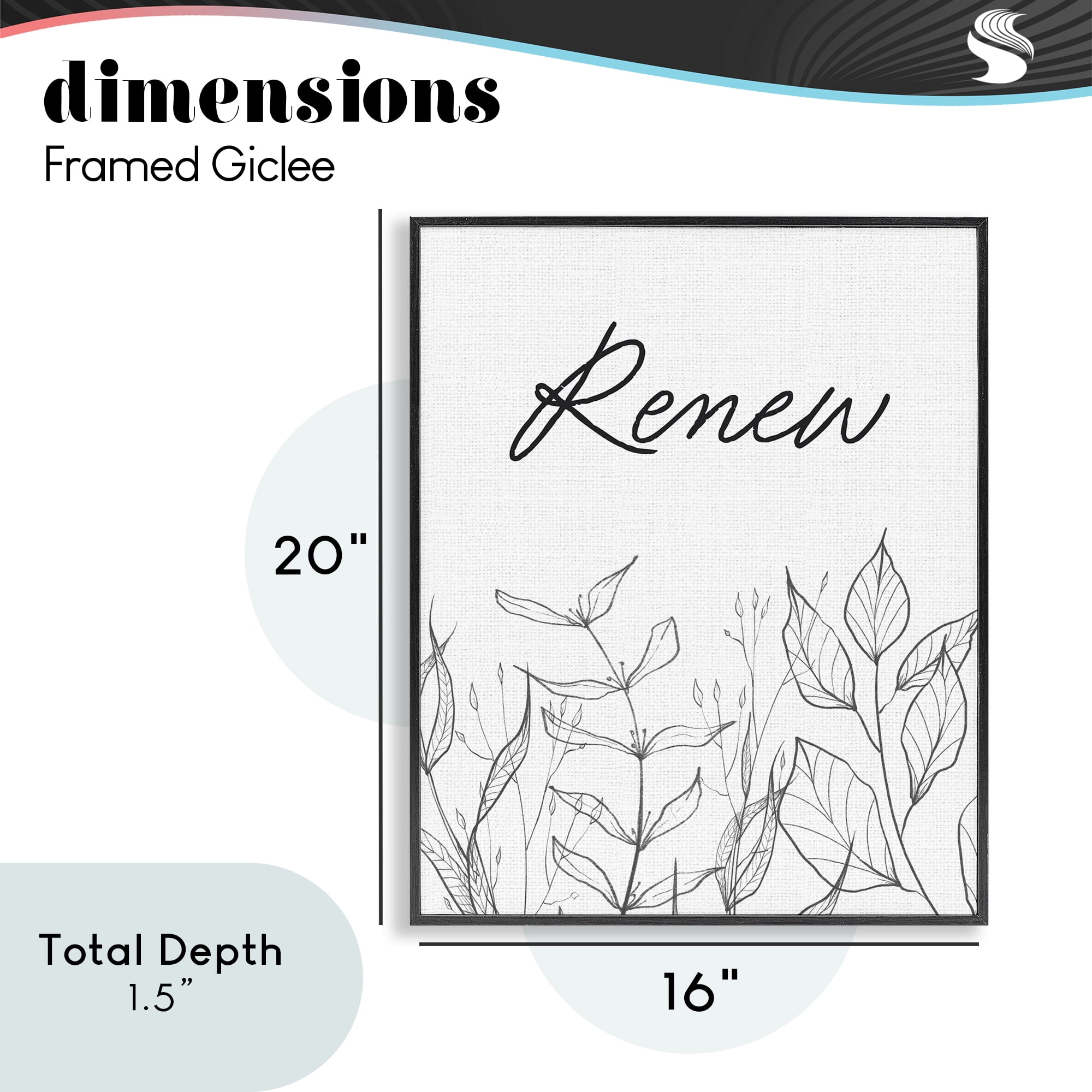 Renew with Leaf Outlines Black Framed Giclee Art, design by Lettered and Lined
