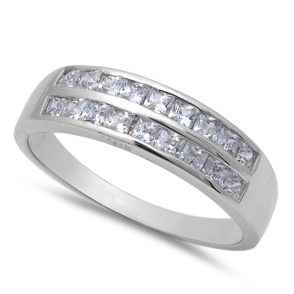 Channel Set Square Cubic Zirconia Double Row Ring Sterling Silver