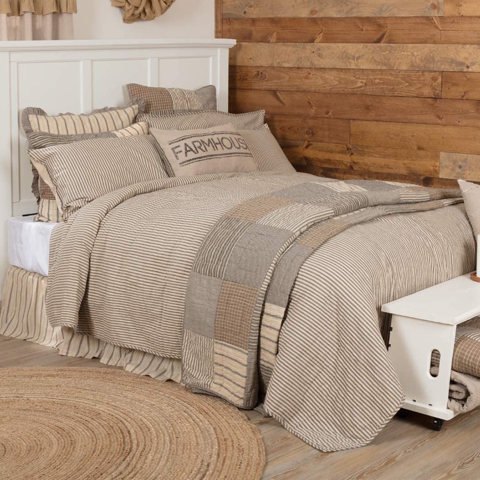 VHC Brands Sawyer Mill Ticking Stripe Cotton Quilt Coverlet, Grey, Twin