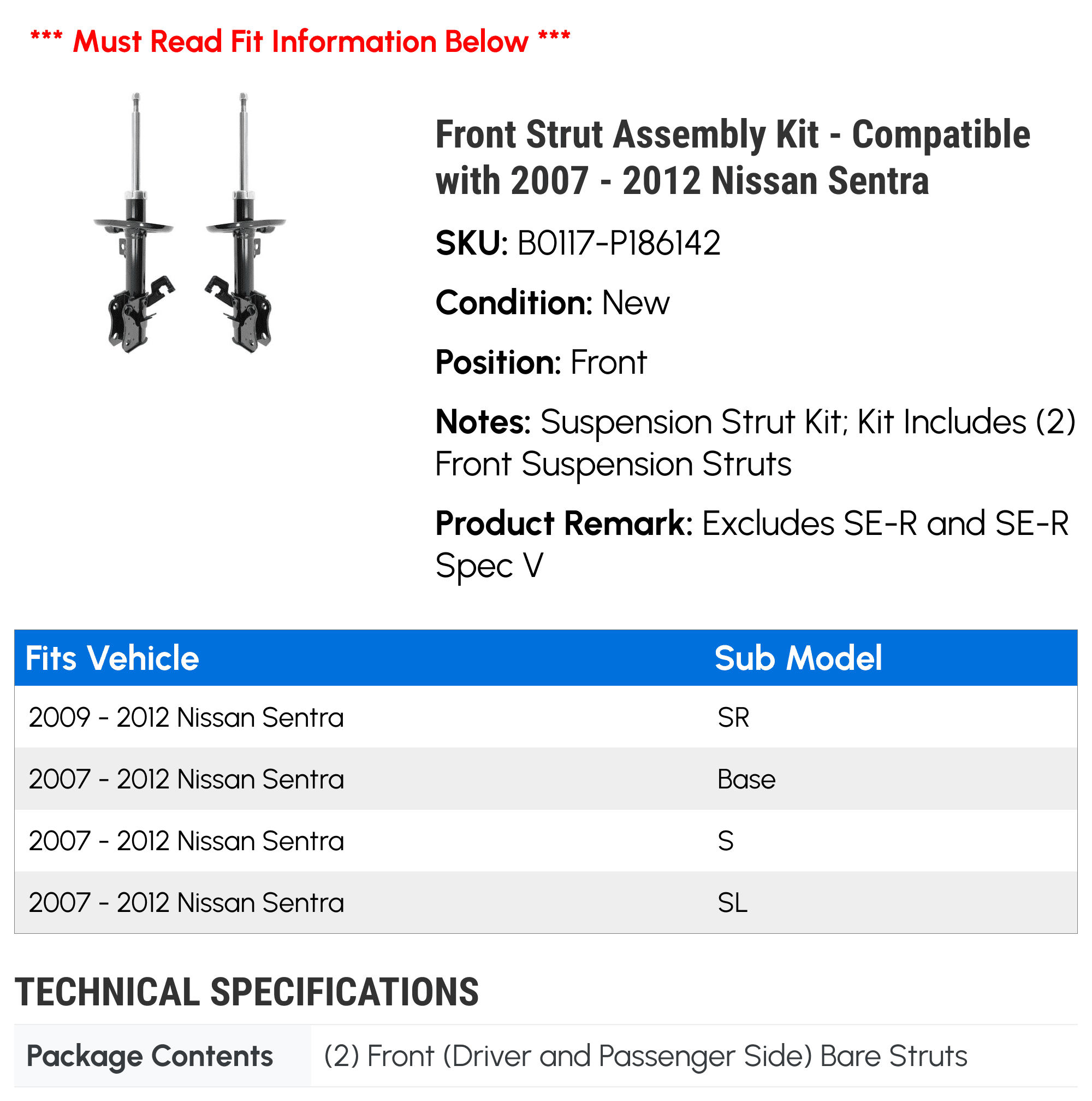 Front Strut Assembly Kit - Compatible with 2007 - 2012 Nissan Sentra 2008 2009 2010 2011