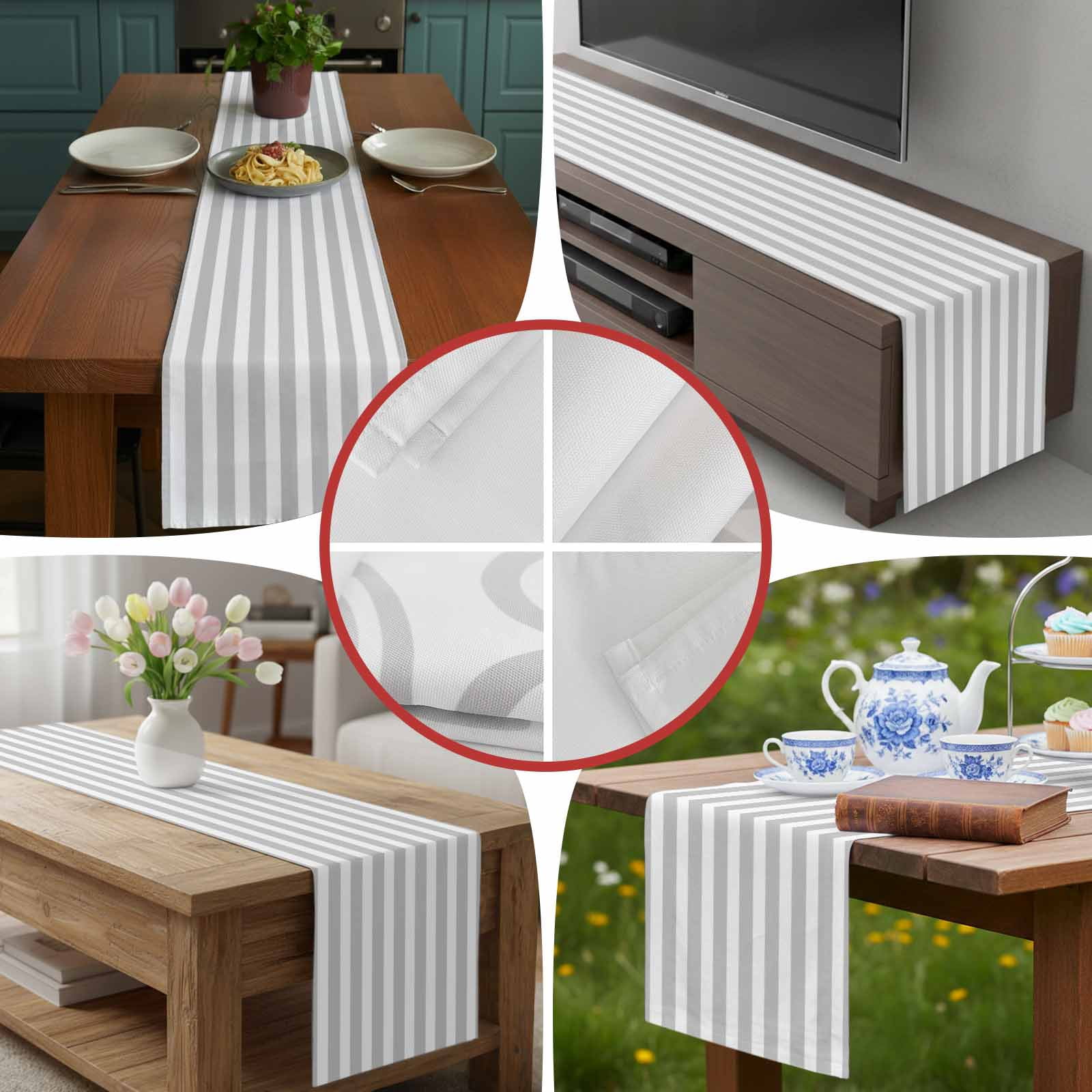 Grey Stripes White Striped Table Runner 90 Inches Long, Modern Geometric Art Table Runners Tabletop Scarf Kitchen Dining Tables Decoration for Home Party Indoor Outdoor