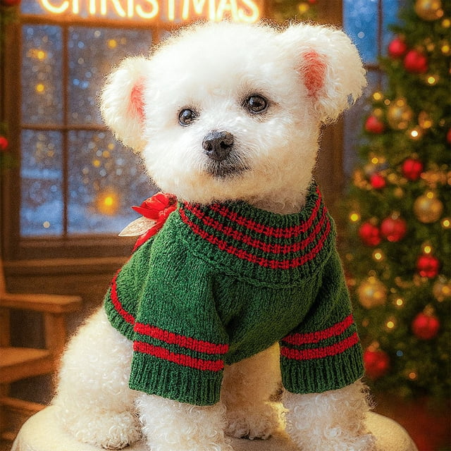 Suéter Navideño para Mascotas Pequeñas (Perros y Gatos), Conjunto Festivo de Alce con Copos de Nieve Rojos y Verdes, Una Pieza.