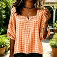thumbnail image 4 of Edvintorg Plus Size Womens Tops Plaid Square Neck Casual Pullover Shirt Lightweight 3/4 Sleeve Loose Blouse with Button Clothes Women Orange XXXL, 4 of 5