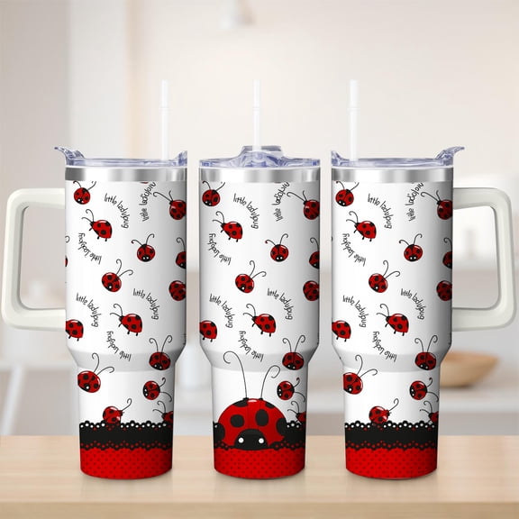 Ladybug Pattern Stainless Steel Insulated Mug with Lid and Handle, 30oz