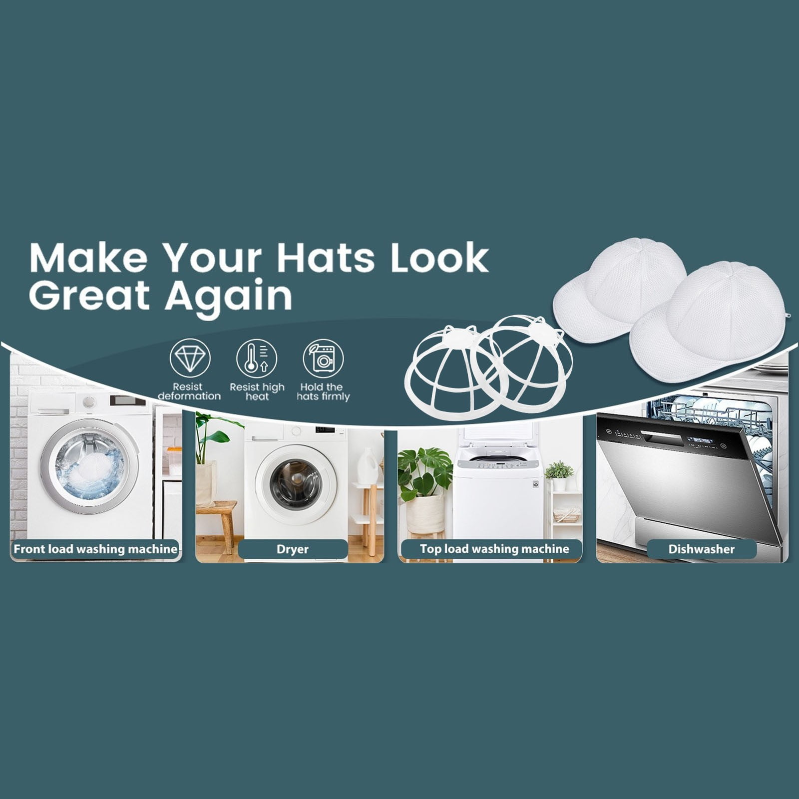 Collapsible Baseball Cap Washer for Washing Machine, Foldable Hat Cleaning Rack with Mesh Bag, Cap Shaper for Dishwasher Safe