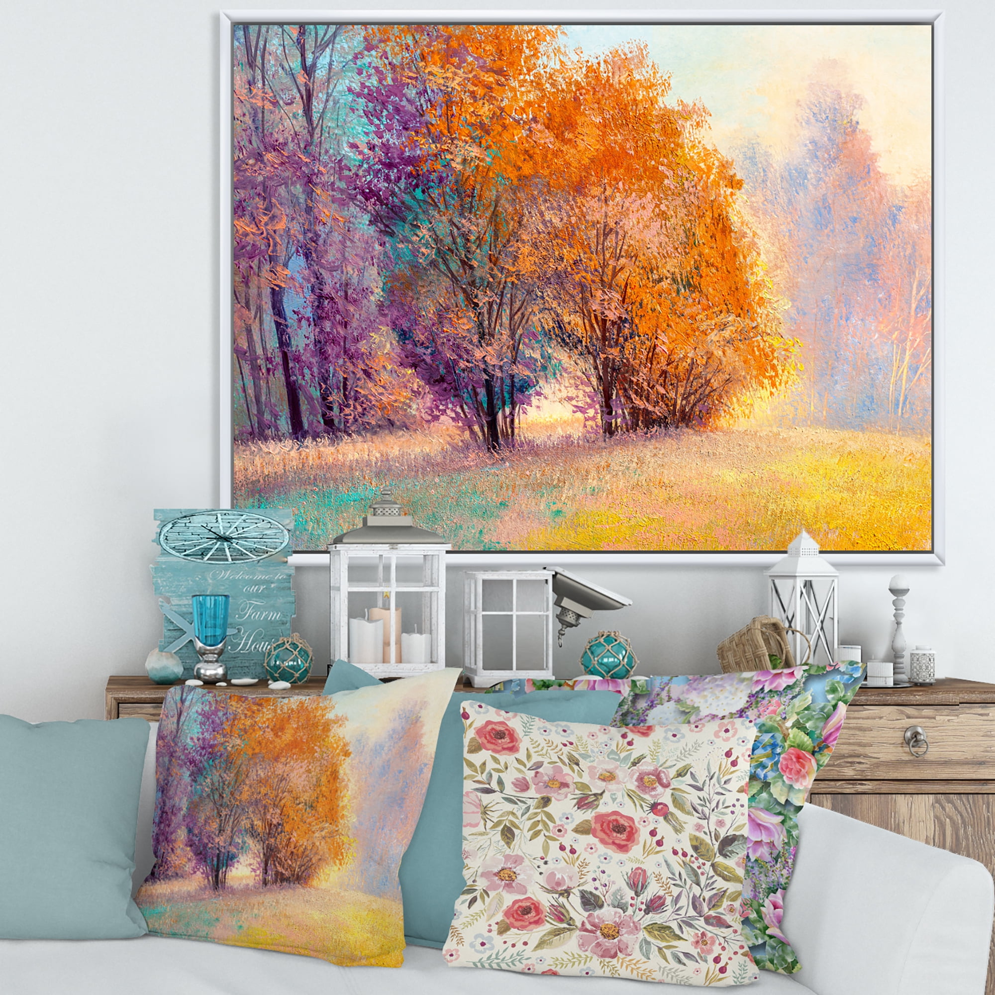 Designart 'Autumn Forest Orange Leaves Landscape' Lake House Framed Canvas Wall Art Print