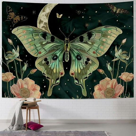 PRATYUS Teal Luna Moth Tapestry Wall Hanging, Moon Phase Stars Cute Plants Butterfly Floral Botanical Nature Aesthetic Celestial Wall Tapestries for Bedroom Home Living Room Dorm Painting