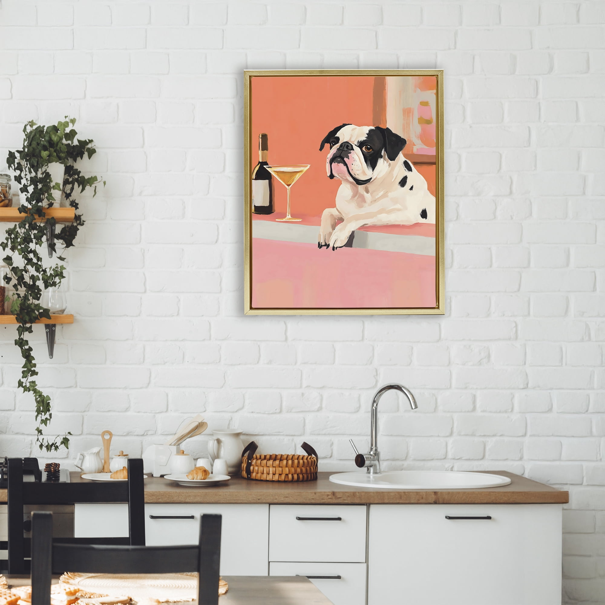 Stupell Industries Bulldog at Martini Lounge Gold Framed Floater Canvas Wall Art, design by The Prints Vibe