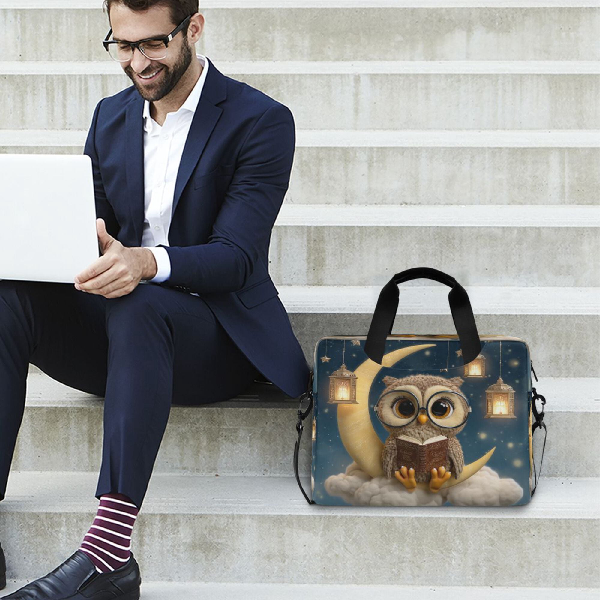 16" Laptop Briefcase, Detachable Anti-Slip Shoulder Strap, Multi-Compartment Work Travel Bag Cute Owl