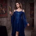 thumbnail image 4 of High Low Hem Fantasy Dress, Off Shoulder Gothic Witch High Low Dress, Flared Bell Sleeve Lace Up Renaissance Medieval Costume Dress for Halloween Cosplay Party, Navy XL, 4 of 4