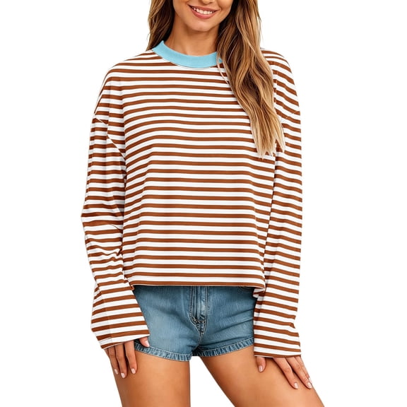 BOOMNY Womens Long Sleeve Tshirts Crew Neck Striped T-Shirt Loose Fall Tee Tops for Women