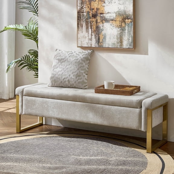 Tina's Home 55" Upholstered Storage Entryway Bench with Gold Metal Legs For End of Bed Ottoman Beige