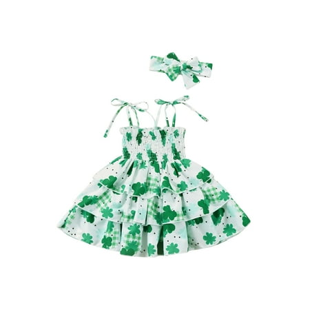 

Nokpsedcb St. Patrick s Day Kids Baby Girls Clothes Clover Print Tiered Strappy Layered Casual Dress + Headband White 4-5 Years