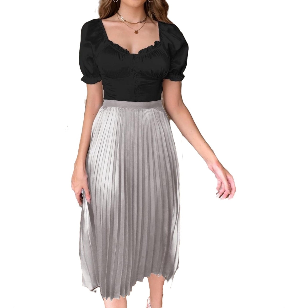 Womens Pleated Skirts Elegant Midi Non-Stretch Silver L - Walmart.com