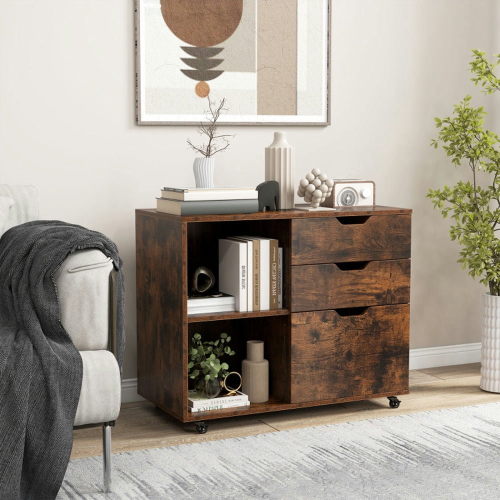 Barara King File Cabinet, File Stroage Organizer,3-Drawer File Cabinet with Adjustable Shelf and Wheels for Letter-Rustic Brown