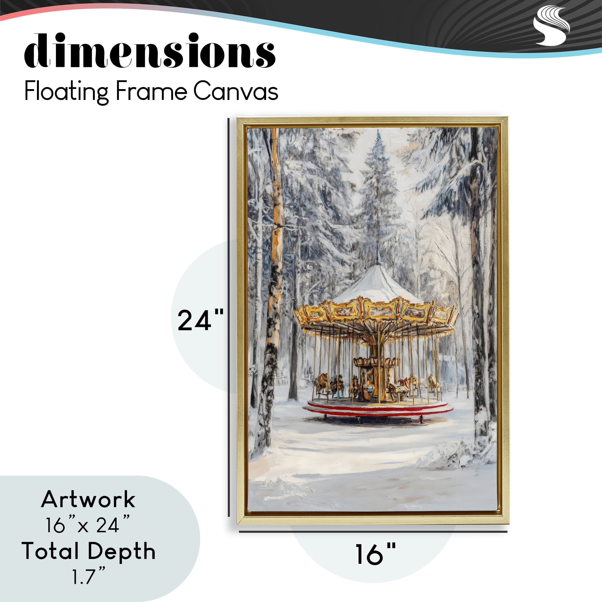 Winter Wonderland Carousel Gold Framed Floater Canvas Wall Art, design by Petal Prints Design