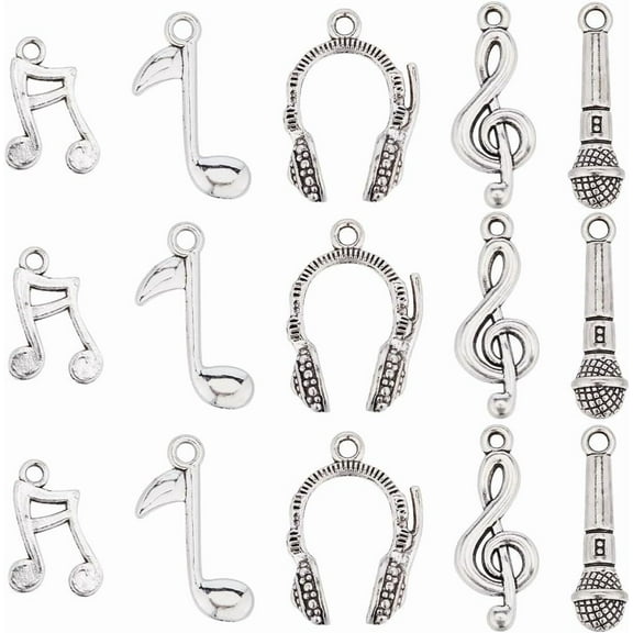 1 Box 90Pcs 5 Styles Music Charms Bulk Musical Notes Charm Tibetan Silver Instrument Mini Symbol Sound Charm for Jewelry Making Charms Supplies DIY Necklace Bracelet Earrings Crafts Adult