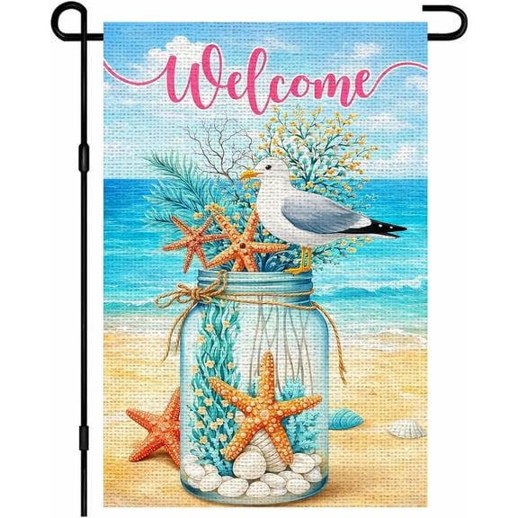 Summer Garden Flag 12 x 18 Inch Double Sided Burlap Welcome Seagull Beach Design for Outdoor Yard Porch Lawn Patio Decor