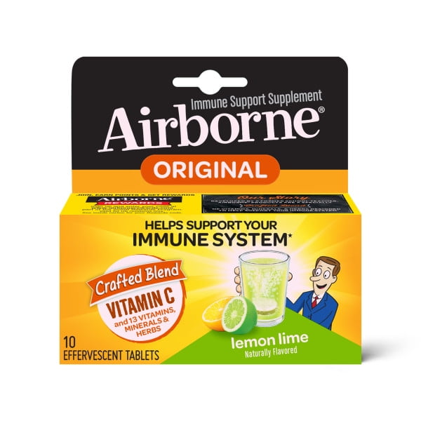 Airborne Lemon Lime Effervescent Tablets, 10 count - 1000mg of Vitamin C - Immune Support Supplement (Pack of 6)