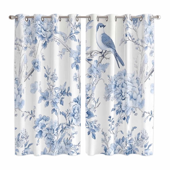 Blue White Flowers Kitchen Curtains 84 Inch Length, Spring Summer Floral Botanical Grommet Top Bedroom Living Room Curtains, Light Filtering Cafe Curtain Drapes 2 Panels Set 104''x84''