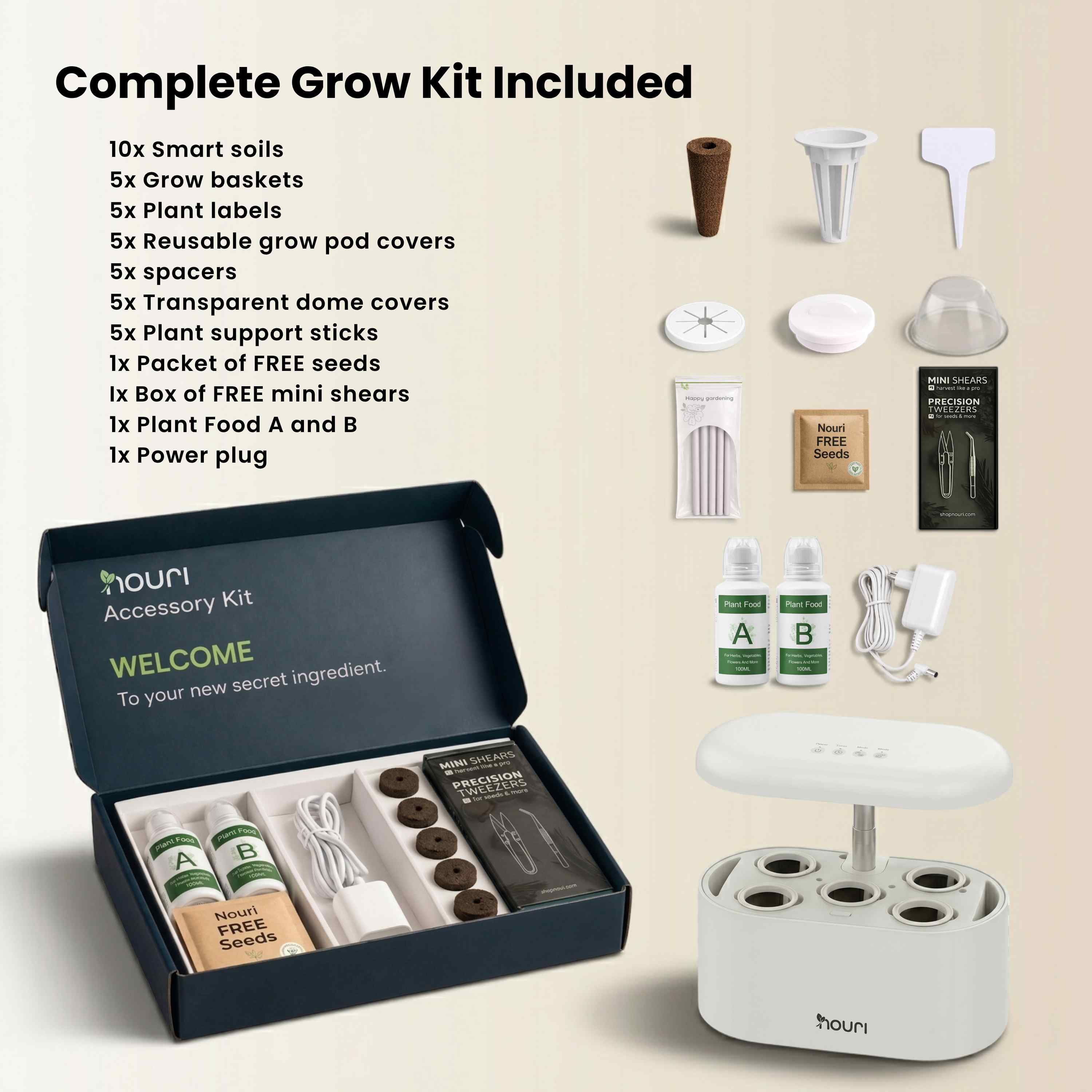 Nouri Hydroponics Growing System, 5 pod APP Smart Indoor Herb Garden Kit with LED Grow Lights, Hydroponic Herb Garden with Basil Seeds Included