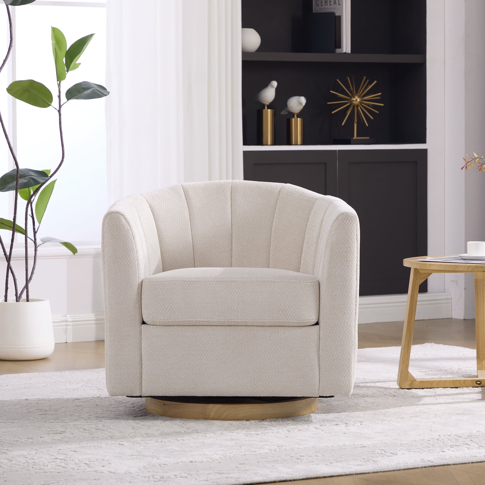 Leumius Swivel Barrel Chair with Solid Wood Base, Comfy Channel Tufted Accent Round Armchair, Single Club Sofa for Living Room Bedroom Reading Nook Corner Apartment, Beige