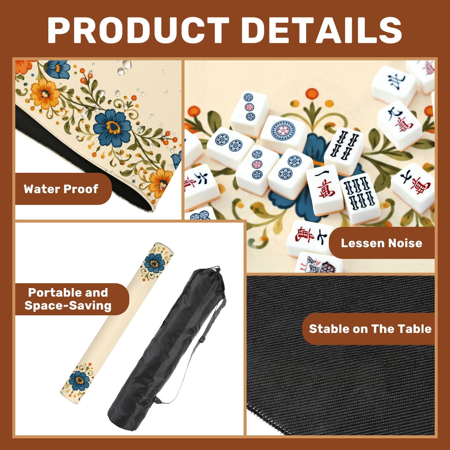 Mahjong Mat 31.5" x 31.5" Floral Border Design Orange Blue Green Flowers Leaves Non-Slip Noise Reduction Mahjong Tiles Table Cover for Dominoes Poker Card Board and Tile Games