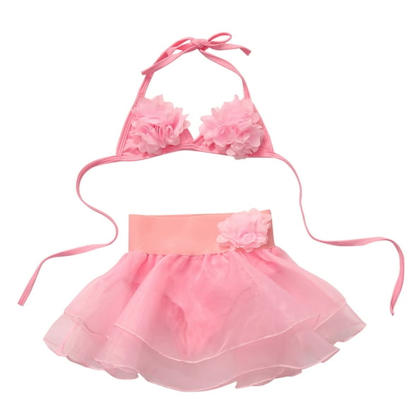 BemeyourBBs Toddler Baby Girl 2 Piece Swimsuit Summer Bikini Set Little Girl Bathing Suit Swimwear Pink 3D Floral Halter Bikini Top and Tutu Skirt with Liner Panty Beachwear