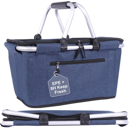 , Collapsible Shopping Basket with Lid 27L Large Market Basket with Handles Reusable Folding Grocery Basket Insulated Cooler Bag for Picnic Travel, Blue