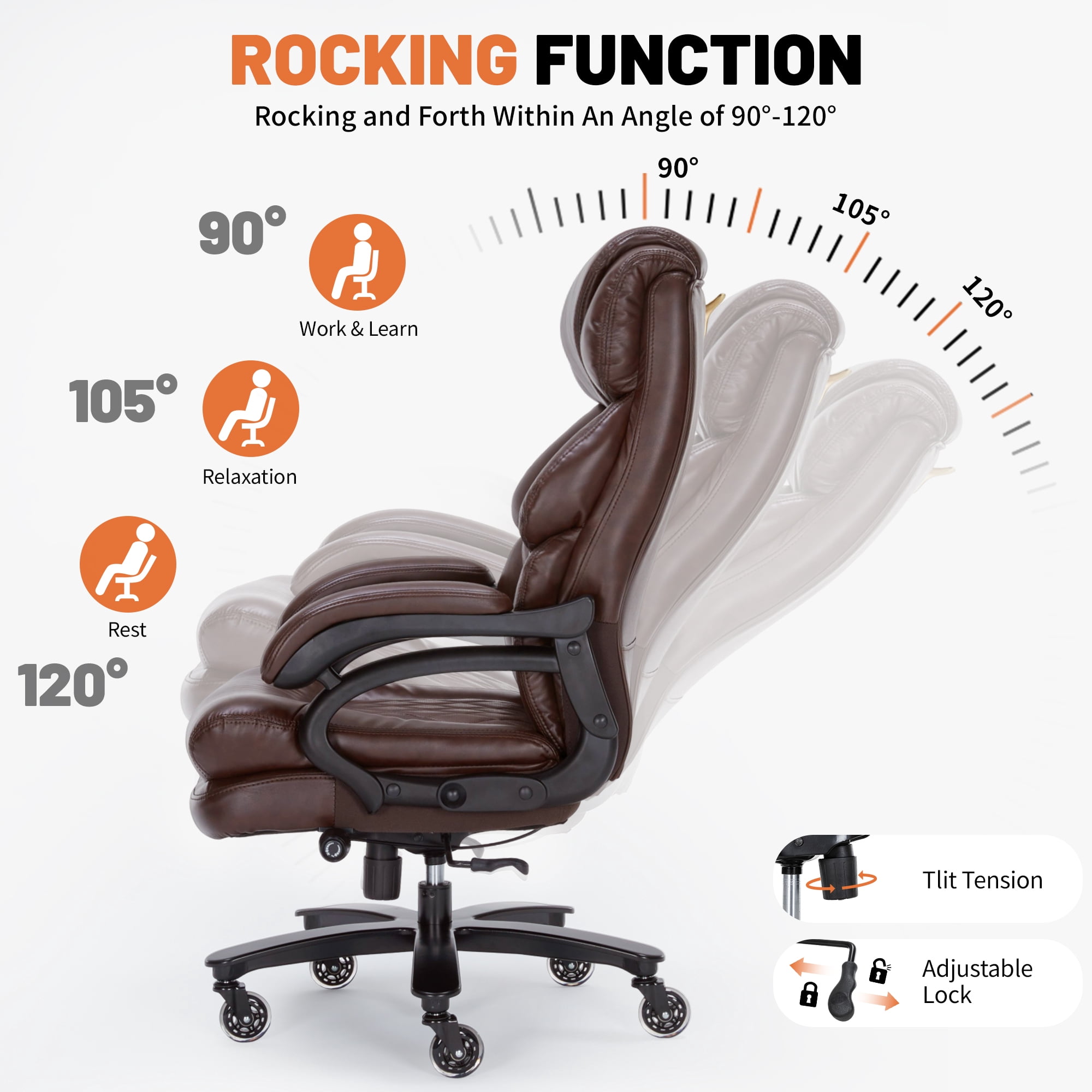 Qusaphy 800LBS Big and Tall Executive Office Chair, PU Leather Ergonomic Desk Chair with Adjustable Backrest and Thick Padded Cushion, Heavy Duty Chair for Home or Office Brown
