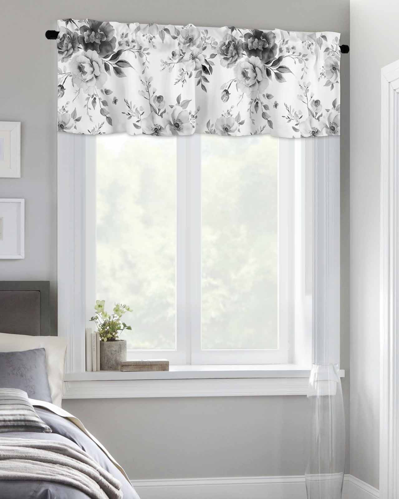 Spring Blossom Grey Flower Curtain Valances for Kitchen Windows,Rod Pocket Short Valance Retro Watercolor Floral Plant Window Treatment for Living Room Bathroom Bedroom,54" x 18"-1 Panel