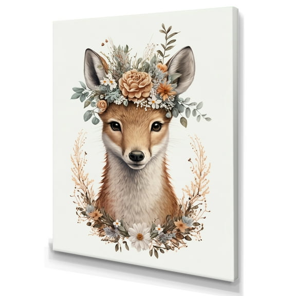 Designart Cute Baby Fox With Floral Crown III Canvas Wall Art