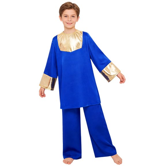 Miutii Kids Boys 2 Piece Worship Praise Dance Outfit Long Sleeve Metallic Pullover Top with Liturgical Pants Set Royal Blue 6