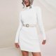thumbnail image 2 of Vestidos midi de manga larga para mujer, ropa de calle ajustada de otoño, elegante vestido blanco de cuello alto de punto acanalado, vestido liso para mujer, ceñido al cuerpo, 2 of 5