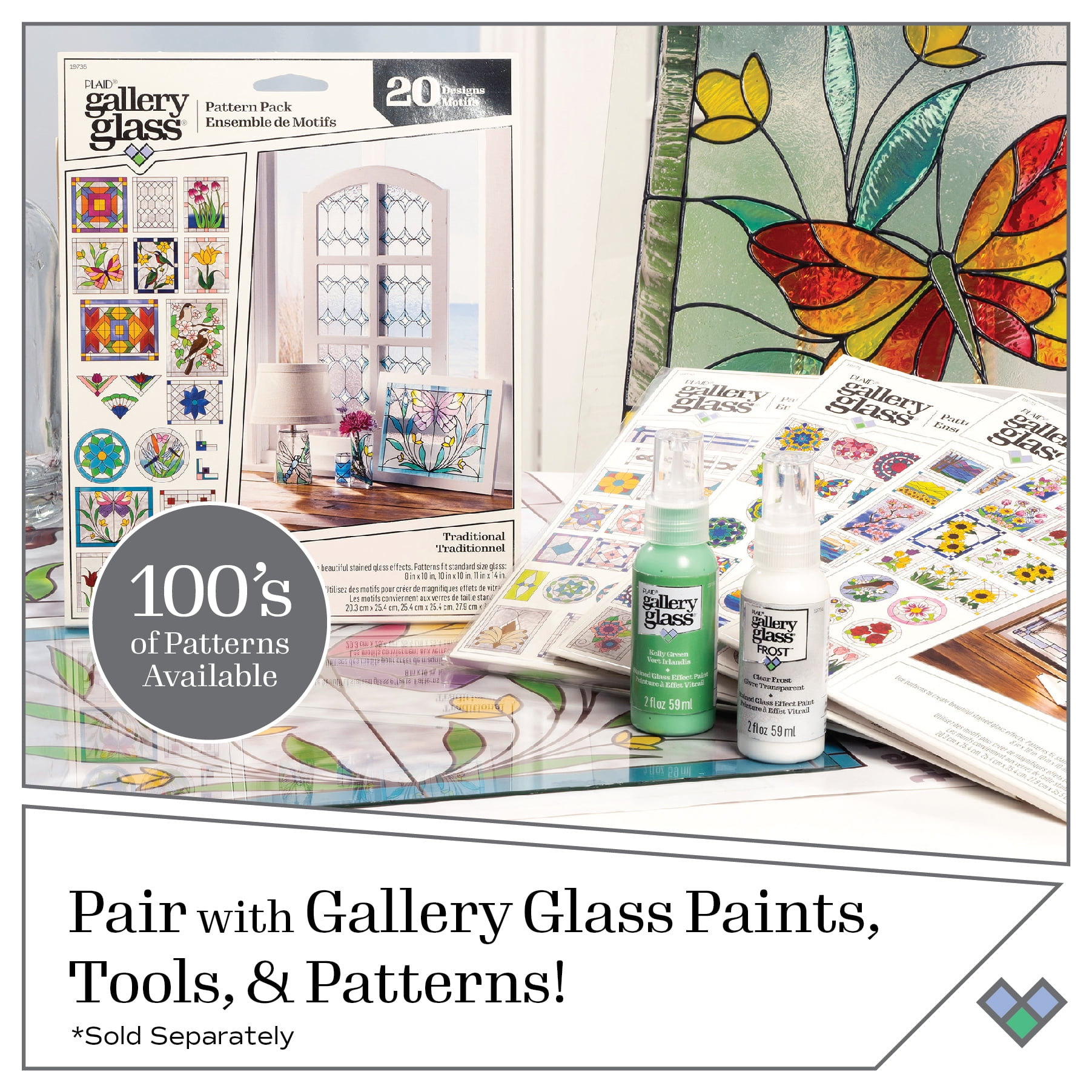 Gallery Glass Stained Glass Acrylic Paint Starter Kit, 10 Pc Set Including 2 Surfaces and Pattern Pack