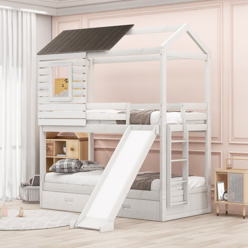 Twin Over Bunk Bed With Two, Antique Wooden Bunk Beds