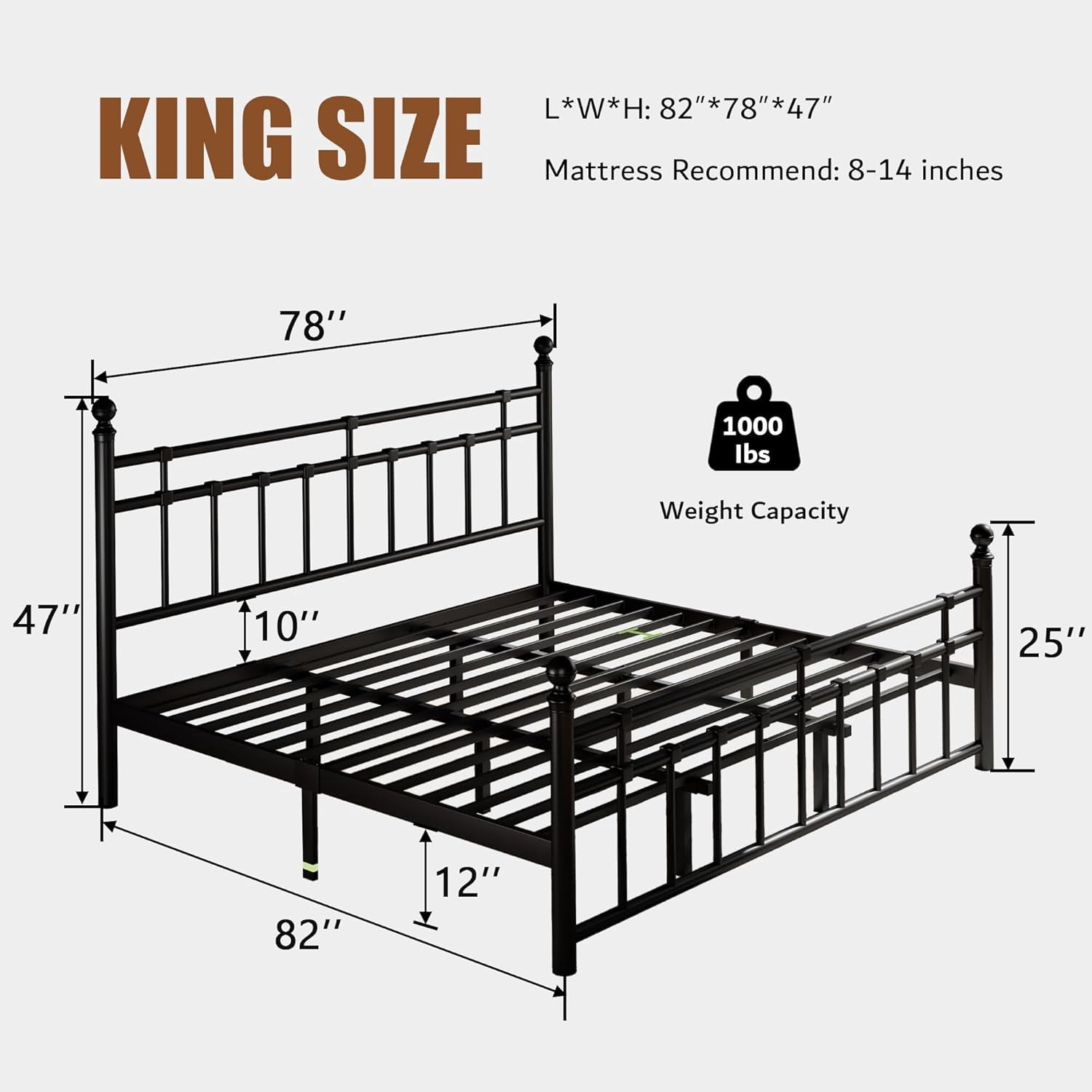 iPormis King Metal Bed Frame with Victorian Vintage Headboard and Footboard, Black