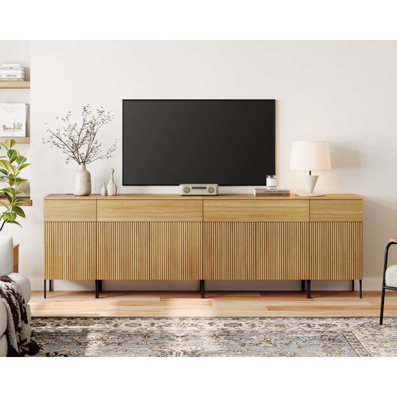94.5" Modern Reeded Dresser TV Stand for TVs up to 100 Inch, Entertainment Center with Charging Station, Wooden TV Console with Storage for Living Room