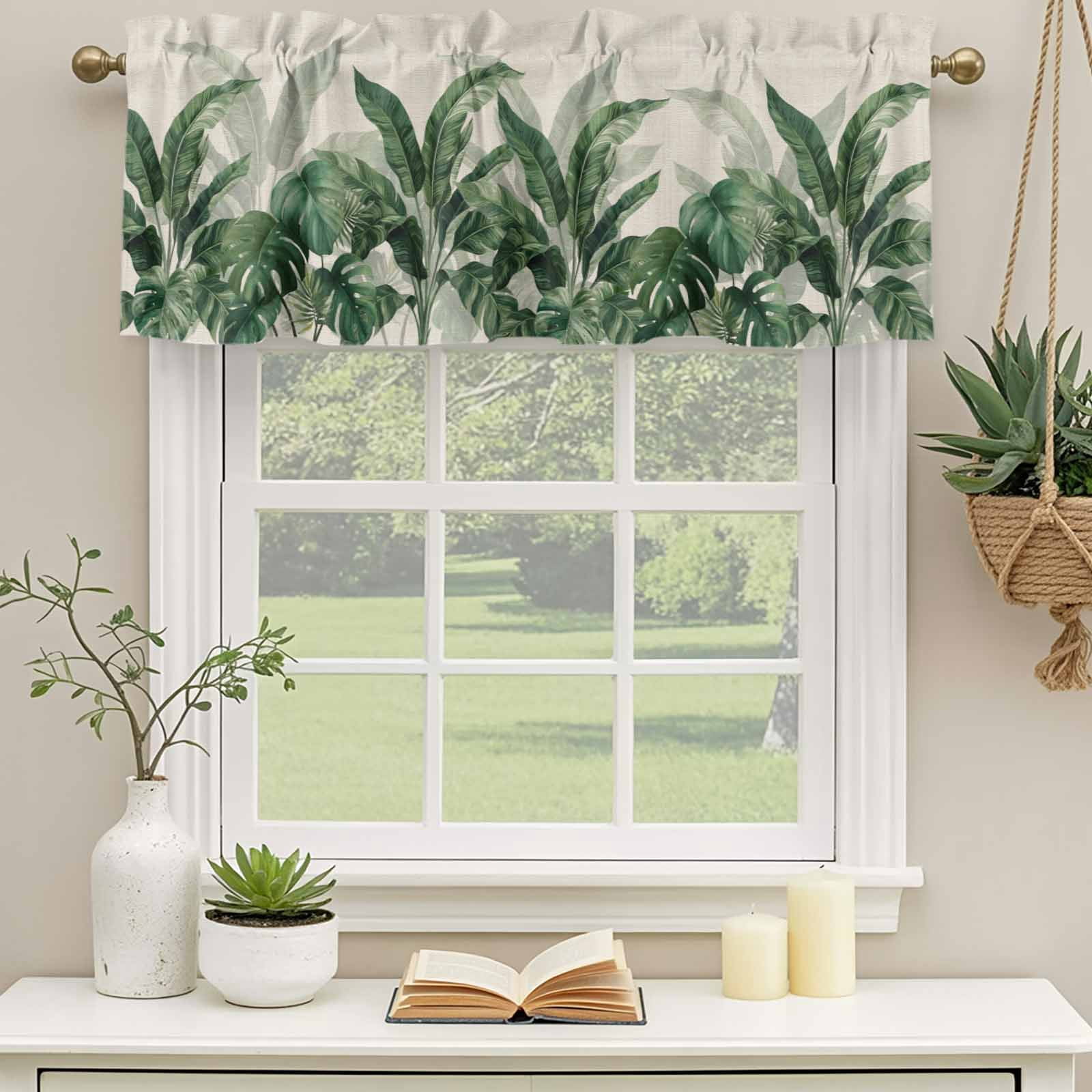 2 Pack Valances for Windows, Palm Leaves Tropical Window Valances for Living Room/Bedroom/Bathroom, Green Botanical Summer Linen Light Filtering Kitchen Curtain Valance Window Treatment 60"W x18" L
