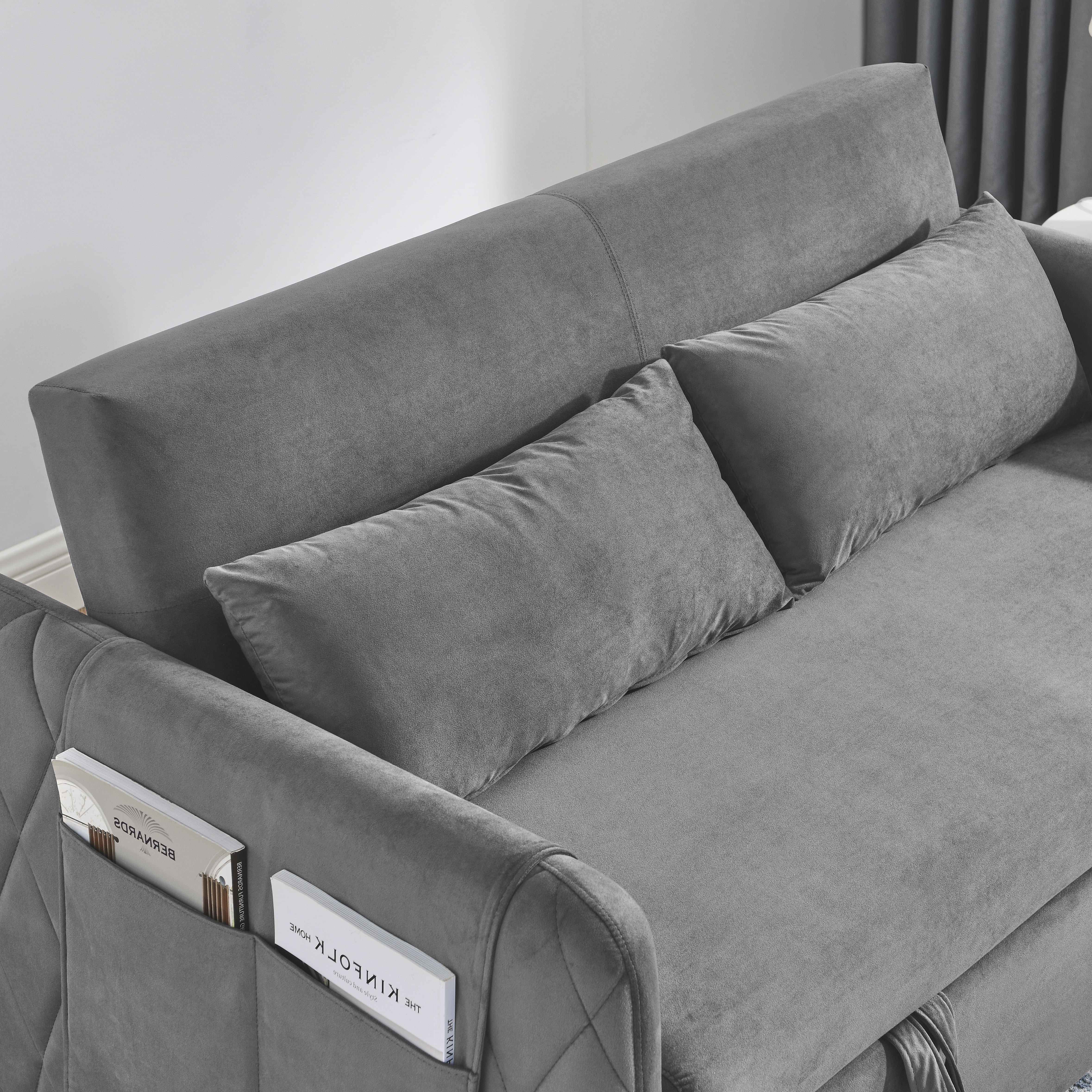 DEALTOPS 55" Modern Velvet Pull Out Sofa Bed Loveseat Lounge Chaise,Sleeper Sofa Bed with Adjustable Backrest 2 Detachable Arm Pockets - Gray