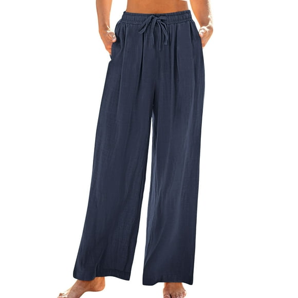 UAMVSH Wide Leg Pants for Women Palazzo Cotton Linen Summer Casual Pants with Pockets Classic High Elastic Waist Drawstring Soft Pants