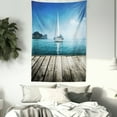 thumbnail image 3 of Nautical Tapestry, Yacht from Wooden Deck Horizon Serenity Seascape Leisure Aquatic Coastal Theme, Wall Hanging for Bedroom Living Room Dorm Decor, 60W X 80L Inches, Blue Brown, by Ambesonne, 3 of 5
