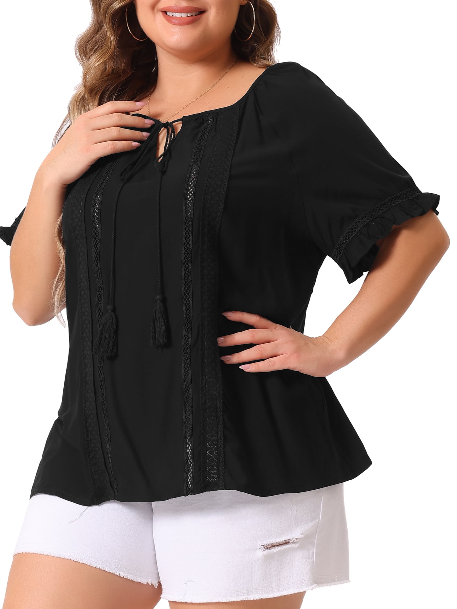 DARING DIVA Women's Plus Tie Neck Ruffle Short Sleeves Blouse 1X Black