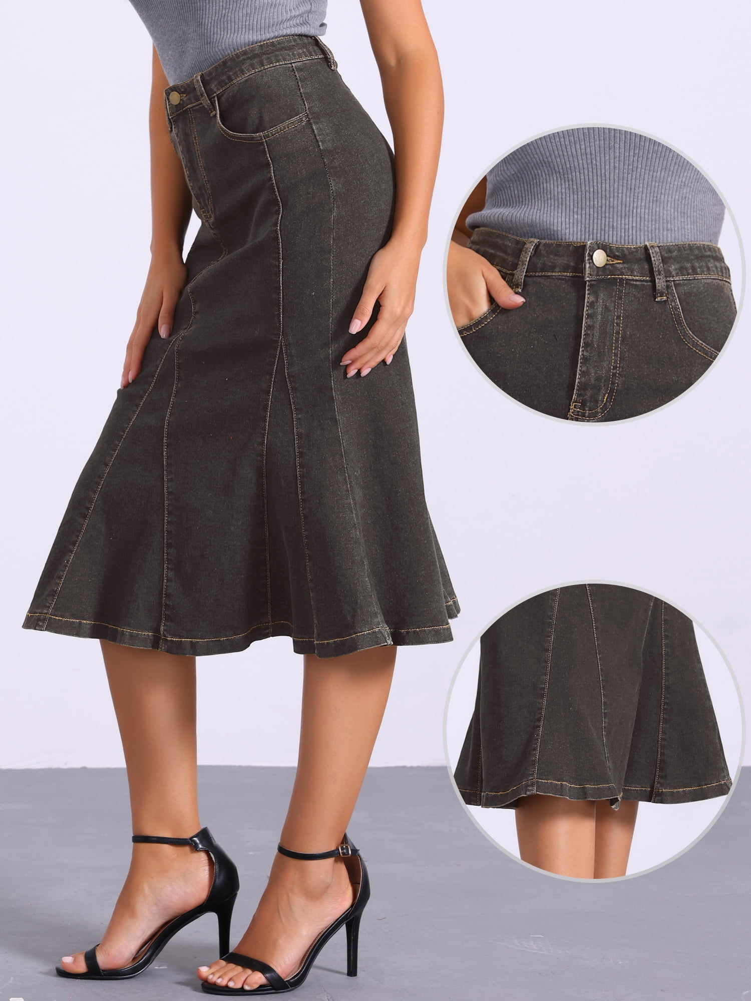DARING DIVA Women's High Waisted A-Line Flared Midi Casual Denim Skirt L Dark Grey
