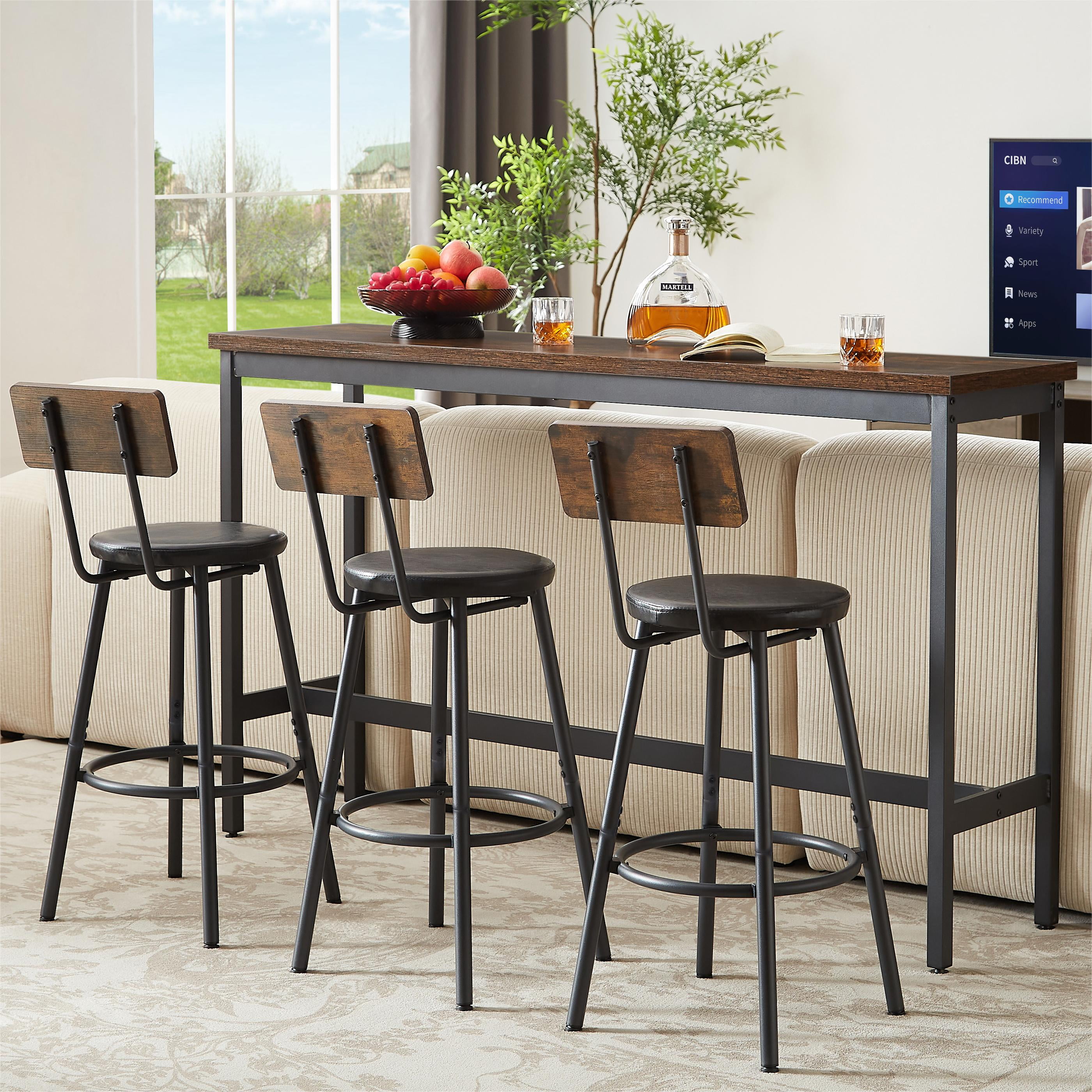 Long Bar Table Set with 3 PU Upholstered Stools, Industrial Bar Chairs for Kitchen Breakfast Table,Living Room,Banquet Hall, Brown, 63″L x15.7 W x 37.5" H